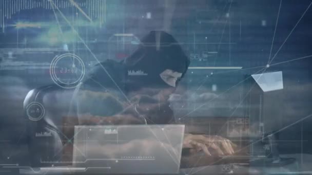 Animación Datos Procesamiento Información Hacker Enmascarado Nervioso Utilizando Ordenador Portátil — Vídeo de stock