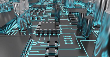 Bir bilgisayarın elektronik devre kartı üzerinden mikroişlemci bağlantılarının dijital olarak oluşturulmuş görüntüsü. bilgisayar ve teknoloji kavramı