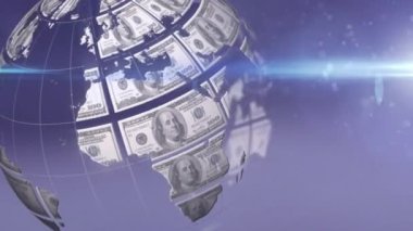 Gri arkaplanda dönen dolar banknotları ve ışık demetinin animasyonu. küresel iş ve finans teknolojisi ve iletişim konsepti dijital olarak oluşturulmuş video.
