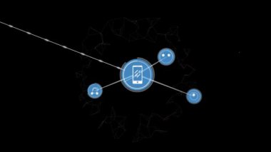 Siyah arkaplandaki simgelerle bağlantı ağının animasyonu. küresel iş, dijital arayüz, teknoloji ve ağ konsepti dijital olarak oluşturulmuş video.