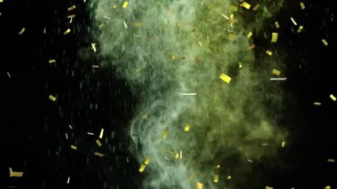Altın konfetilerinin ve sarı tozların siyah arka planda düşüşünün animasyonu. kutlama, gelenek ve olay kavramı dijital olarak oluşturulmuş imaj.
