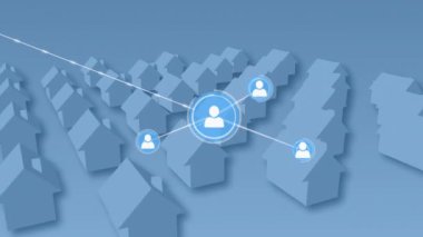 Evlerin üzerindeki simgelerle bağlantı ağının animasyonu. küresel bağlantılar, dijital arayüz, teknoloji ve ağ konsepti dijital olarak oluşturulmuş video.