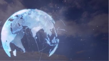 Gökyüzü üzerinde bağlantıları olan dünyanın animasyonu. küresel bağlantılar, dijital arayüz, teknoloji ve ağ konsepti dijital olarak oluşturulmuş video.