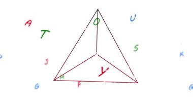Siyah çizgi üçgeninin animasyonu ve beyaz arkaplanda hareket eden renkli harfler. küresel iletişim ağı ve veri konsepti, dijital olarak oluşturulmuş video.