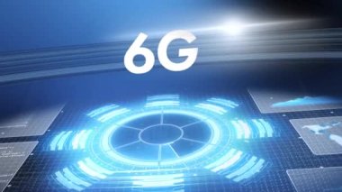 Ekranlarda 6G metin, tarama ve veri işleme animasyonu. küresel dijital arayüz, teknoloji ve ağ konsepti dijital olarak oluşturulmuş video.