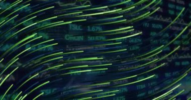 Dijital ekranda yeşil ışık yollarıyla finansal veri işleme animasyonu. küresel iş, dijital arayüz, teknoloji ve ağ konsepti dijital olarak oluşturulmuş video.
