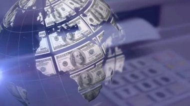 Dolar banknotlarının dönen küresinin animasyonu ve sayısal klavyenin üzerinde hareket eden ışık. küresel iş ve finans teknolojisi ve iletişim konsepti dijital olarak oluşturulmuş video.