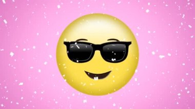 Beyaz konfetilerin mutlu, pembe arka planda güneş gözlüklü, havalı emojinin üzerine düşüşünün animasyonu. Sosyal medya, kutlama ve iletişim ağı konsepti dijital olarak oluşturulmuş video.