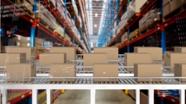 Taşıyıcı bantların üzerinde kutularla işlenen istatistiklerin animasyonu. küresel gönderim, dijital arayüz, teknoloji ve bağlantılar konsepti dijital olarak oluşturulmuş video.