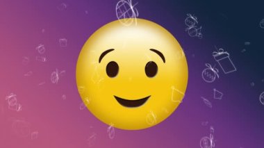 Mor arkaplanda gülümseyen emoji simgesinin animasyonu. küresel sosyal medya, dijital arayüz, teknoloji ve ağ konsepti dijital olarak oluşturulmuş video.