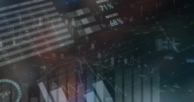 Şehir manzarası üzerinde finansal veri işleme animasyonu. küresel iş, veri işleme, dijital arayüz, teknoloji konsepti dijital olarak oluşturulmuş video.