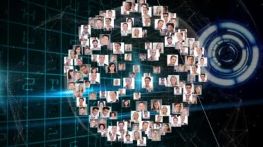 Siyah arkaplanda veri işlemeye karşı profil simgelerinin yuvarlak tarayıcısı ve küresi. küresel ağ ve iş teknolojisi kavramı