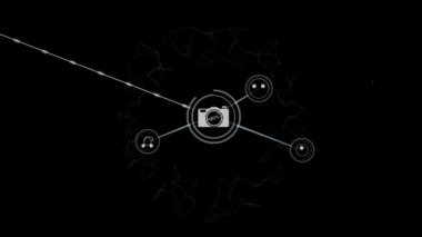 Siyah arkaplandaki simgelerle bağlantı ağının animasyonu. küresel iş, dijital arayüz, teknoloji ve ağ konsepti dijital olarak oluşturulmuş video.