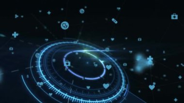 Siyah üzerine dijital küre ve medya simgeleriyle dönen güvenli kilidin animasyonu. küresel iletişim teknolojisi ve veri güvenliği konsepti, dijital olarak oluşturulmuş video.