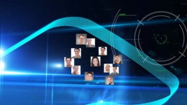 Profil simgelerinden oluşan dünyayı ışık yollarıyla ve mavi arkaplandaki ışık noktalarıyla tarıyor. küresel ağ ve iş teknolojisi kavramı