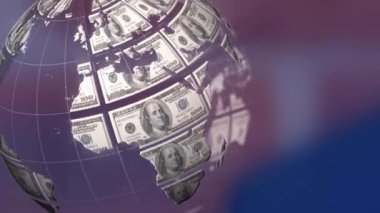 Dolarların dönen küresinin animasyonu ve bulanık arka planda hareket eden ışık. küresel iş ve finans teknolojisi ve iletişim konsepti dijital olarak oluşturulmuş video.