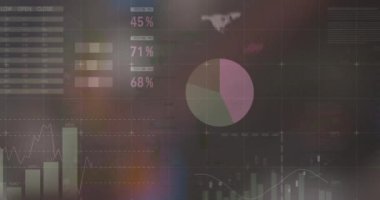 Gri arka planda finansal veri işleme animasyonu. küresel iş, veri işleme, dijital arayüz, teknoloji konsepti dijital olarak oluşturulmuş video.