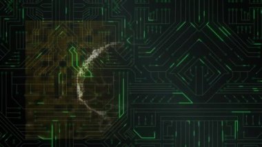 Devre kartında insan beyni ve veri işleme animasyonu. küresel bilim, kimlik, dijital arayüz, teknoloji ve ağ konsepti dijital olarak oluşturulmuş video.