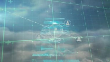 Mavi üzerine bağlı simge ve veri işleme ağının animasyonu. küresel iletişim ve veri paylaşım teknolojisi konsepti, dijital olarak oluşturulmuş video.