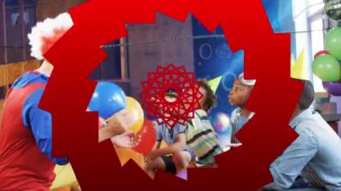 Kırmızı şekillerin palyaço ve çocukların partide eğlendiği animasyonlar. çocukluk, parti ve kutlama konsepti dijital olarak oluşturulmuş video.