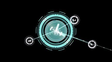 Elleri dönen saatin animasyonu, bağlantılar ağı ve siyaha bağlı veri işleme ağı. küresel iletişim ve veri paylaşım teknolojisi konsepti, dijital olarak oluşturulmuş video.