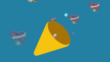 Flamalı parti konisi animasyonu ve mavi arka planda güllü ve anahtarlı kalpler. Sevgililer Günü, kutlama, romantizm ve gelenek konsepti dijital olarak oluşturuldu.