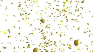 Altın balonların yükselişi, altın konfetilerin beyaz arka plana düşüşü. kutlama, parti ve olay konsepti dijital olarak oluşturulmuş video.