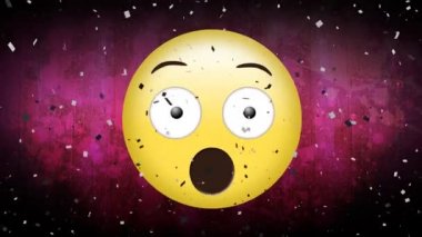 Kırmızı vignette arka planında şaşırmış emojinin üzerine düşen konfeti animasyonu. Sosyal medya, kutlama ve iletişim ağı konsepti dijital olarak oluşturulmuş video.