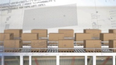 Taşıyıcı bantların üzerinde kutularla işlenen istatistiklerin animasyonu. küresel gönderim, iş, dijital arayüz, teknoloji ve ağ konsepti dijital olarak oluşturulmuş video.