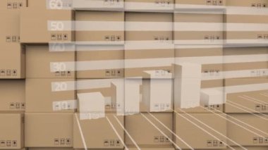 Birikmiş kutular üzerinde istatistik işleme animasyonu. küresel gönderim, iş, dijital arayüz, teknoloji ve ağ konsepti dijital olarak oluşturulmuş video.