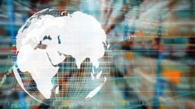 Depodaki küresel ve finansal veri işleme animasyonları. küresel taşımacılık, iş, teknoloji ve ağ konsepti dijital olarak oluşturulmuş video.