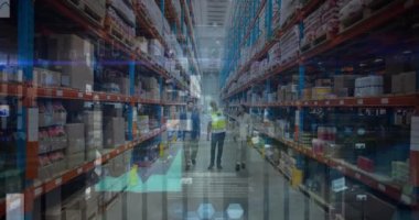 Depoda çalışan adamlarla ilgili finansal veri işleme animasyonu. küresel iş, veri işleme, dijital arayüz, teknoloji ve gönderme konsepti dijital olarak oluşturuldu.