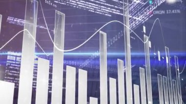 İstatistiklerin animasyonu ve ikili kodlama, finansal veri işleme. küresel finansmanlar, iş dünyası, dijital arayüz, teknoloji ve ağ konsepti dijital olarak oluşturulmuş video.