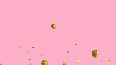 Altın balonların yükselişi, altın konfetilerin pembe arka plana düşüşü. kutlama, parti ve olay konsepti dijital olarak oluşturulmuş video.