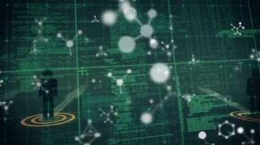 Moleküller ve veri işleme üzerinde ikonlarla bağlantı ağının animasyonu. küresel iş, dijital arayüz, teknoloji ve ağ konsepti dijital olarak oluşturulmuş video.