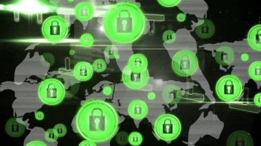 Dünya haritası üzerinde asma kilit güvenlik simgeleriyle bağlantı ağının animasyonu. küresel internet güvenliği, dijital arayüz, teknoloji ve bağlantılar konsepti dijital olarak oluşturulmuş video.