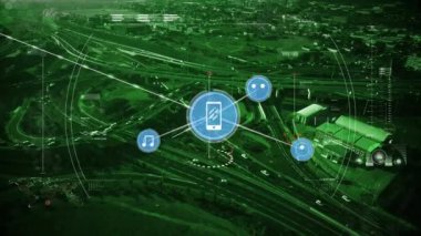 Şehir manzarası üzerindeki simgelerle bağlantı ağının animasyonu. küresel bağlantılar, dijital arayüz ve teknoloji konsepti dijital olarak oluşturulmuş video.
