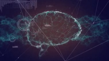İnsan beyninin animasyonu, DNA ipliği ve mavi arka plandaki bağlantı ağları. küresel dijital arayüz, teknoloji ve ağ konsepti dijital olarak oluşturulmuş video.