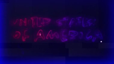 Amerika Birleşik Devletleri 'nin mavi arkaplanlı neon metninin animasyonu. Vatanseverlik, bağlantılar ve iletişim konsepti dijital olarak oluşturulmuş video.