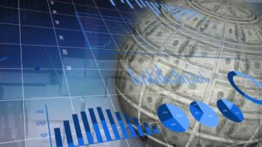 Amerikan dolarlarıyla oluşturulan dünya ile finansal veri işleme animasyonları. küresel iş, dijital arayüz, teknoloji ve ağ konsepti dijital olarak oluşturulmuş video.