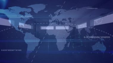 Bağlantı ağlarının animasyonu ve mavi arkaplanda dünya haritası. küresel dijital arayüz, teknoloji ve ağ konsepti dijital olarak oluşturulmuş video.