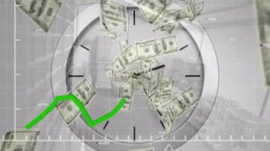 Yeşil hat, saat ve Amerikan dolarlarıyla finansal veri işleme animasyonu. küresel iş, dijital arayüz, teknoloji ve ağ konsepti dijital olarak oluşturulmuş video.