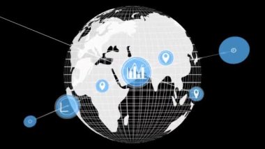 Siyah arkaplanda simgeler ve dünya ile bağlantı ağının animasyonu. küresel iş, dijital arayüz, teknoloji ve ağ konsepti dijital olarak oluşturulmuş video.