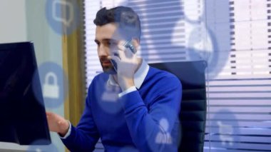 Akıllı telefon kullanan iş adamlarının dijital simge ağının animasyonu. küresel iş, dijital arayüz, teknoloji ve ağ konsepti dijital olarak oluşturulmuş video.