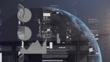Depoda dünya ile veri işleme animasyonu. küresel veri işleme, dijital arayüz, teknoloji ve bağlantılar konsepti dijital olarak oluşturulmuş video.