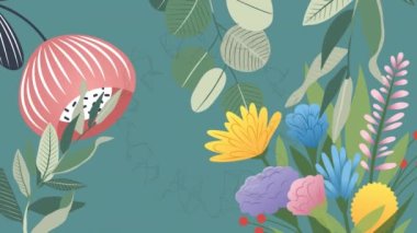 Renkli çiçeklerin, bitkilerin ve yaprakların yeşildeki bağlantıların animasyonu. Doğa, kutlama ve iletişim konsepti, dijital olarak üretilen animasyon.