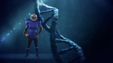 Amerikan futbolcusu üzerinde dönen DNA iplikçiklerinin animasyonu. global spor, dijital arayüz, teknoloji ve ağ konsepti dijital olarak oluşturulmuş video.