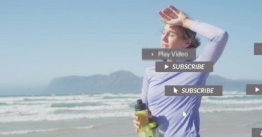 Sahilde egzersiz yapmaya ara veren bir kadın hakkında sosyal medya bildirimleri. Sosyal medya, olumlu duygular, refah ve iletişim ağı konsepti, dijital olarak oluşturulmuş video.