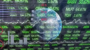 Dünyanın animasyonu, istatistik ve finansal veri işleme. küresel finansmanlar, iş dünyası, dijital arayüz, teknoloji ve ağ konsepti dijital olarak oluşturulmuş video.