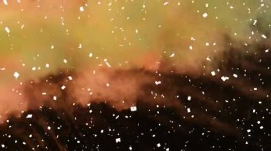 Beyaz konfeti animasyonu, sarı ve turuncu tozların siyah arka planda düşüşü. kutlama, gelenek ve olay kavramı dijital olarak oluşturulmuş imaj.